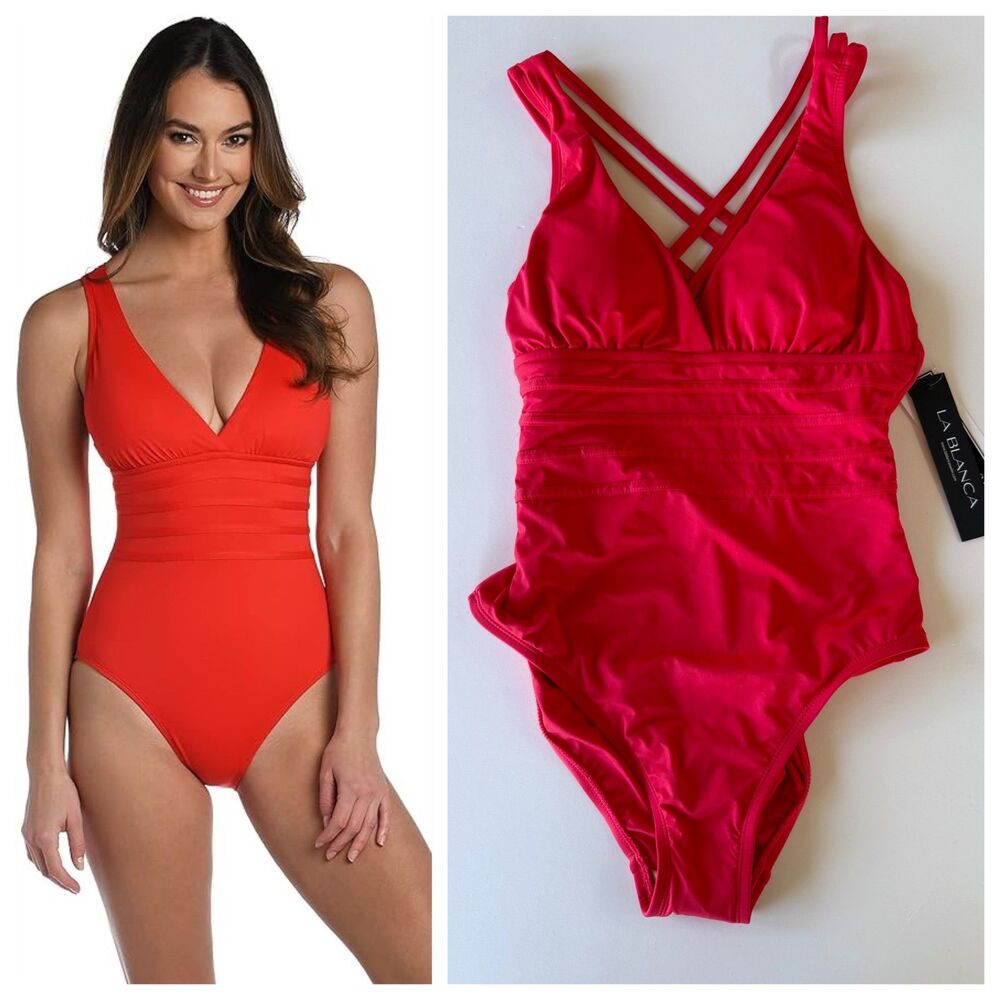 La Blanca Island Goddess Multi-Strap Cross Back One Piece Swimsuit in Cherry Red